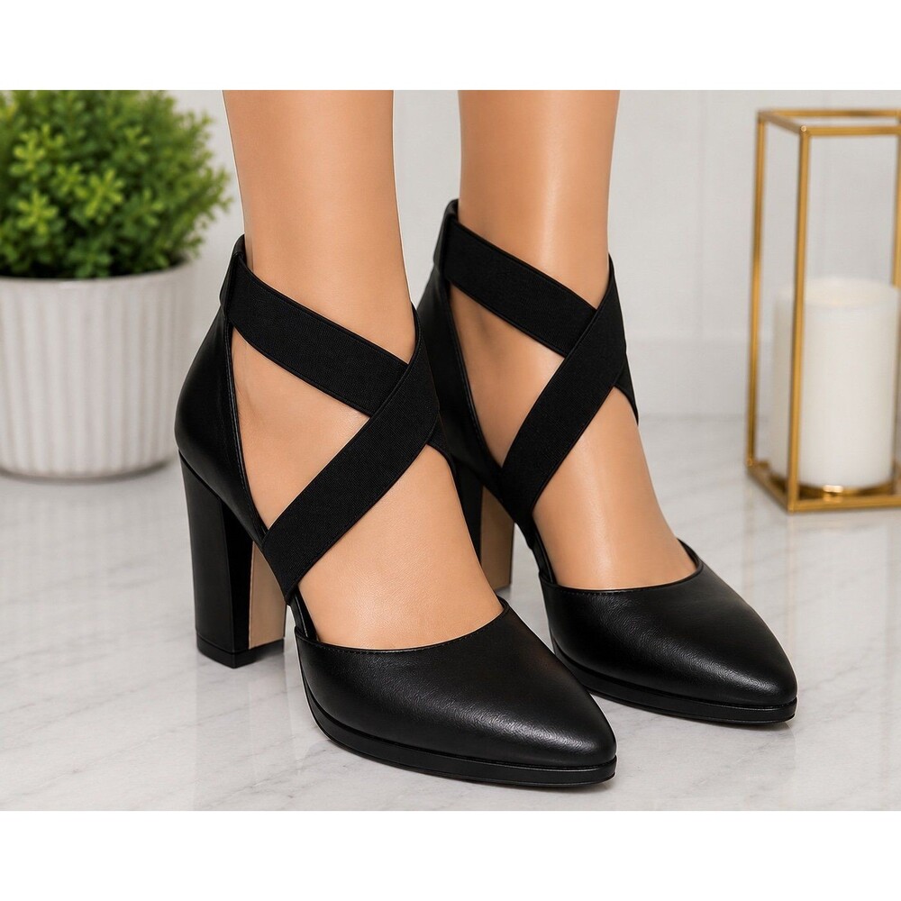 Corso Como Black Leather Block Heel Pumps Criss Cross Stretch Strap 7.5